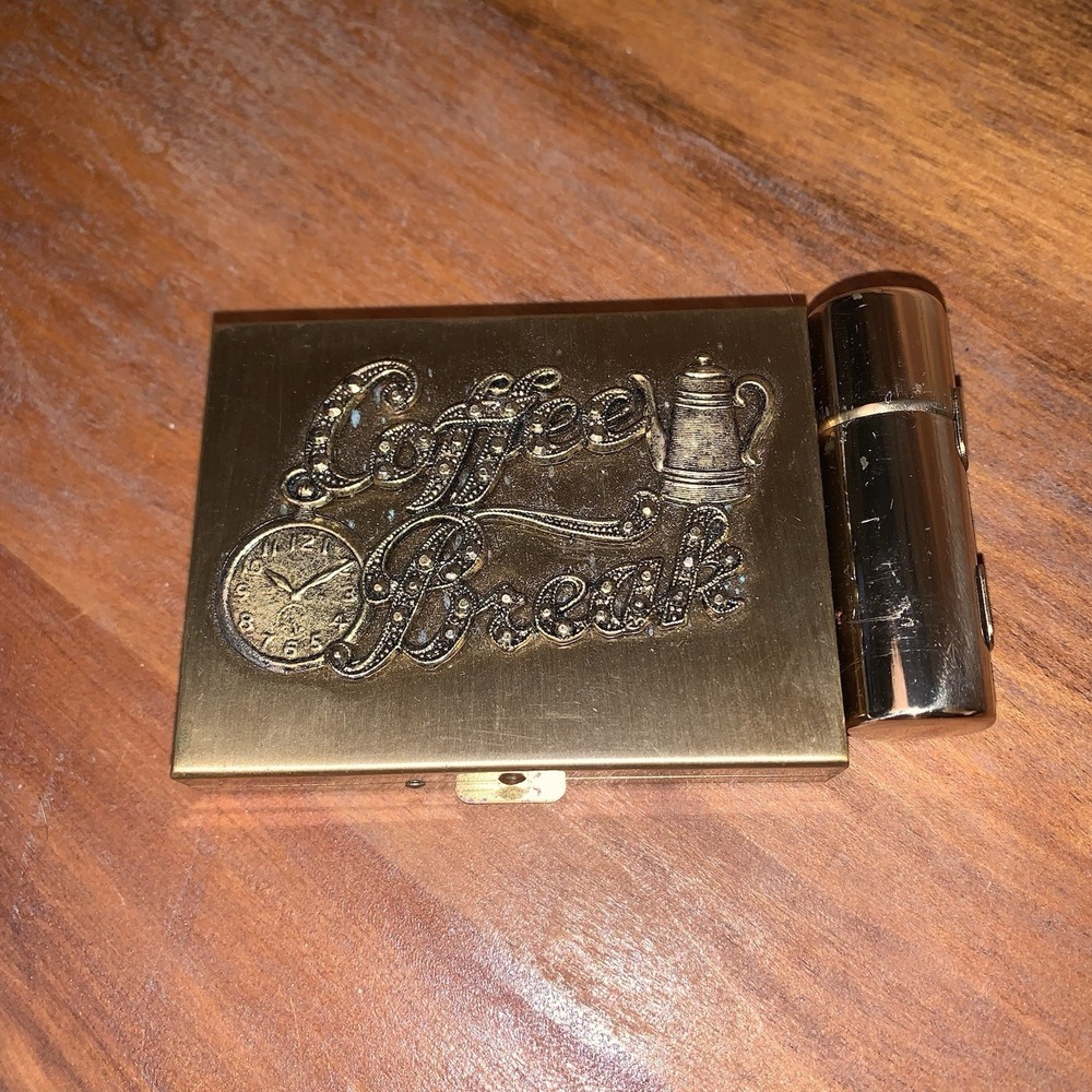 VTG Brass Coffee Break Coin Compact & Lipstick Holder 1950s Petty Cash Insert